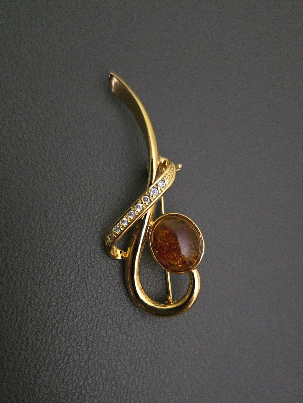 14K Gold over 925 Silver Natural Amber and Crystal Swirl Brooch